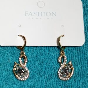 Swan Wire Hoop Dangle Earring Goldtone Crystal